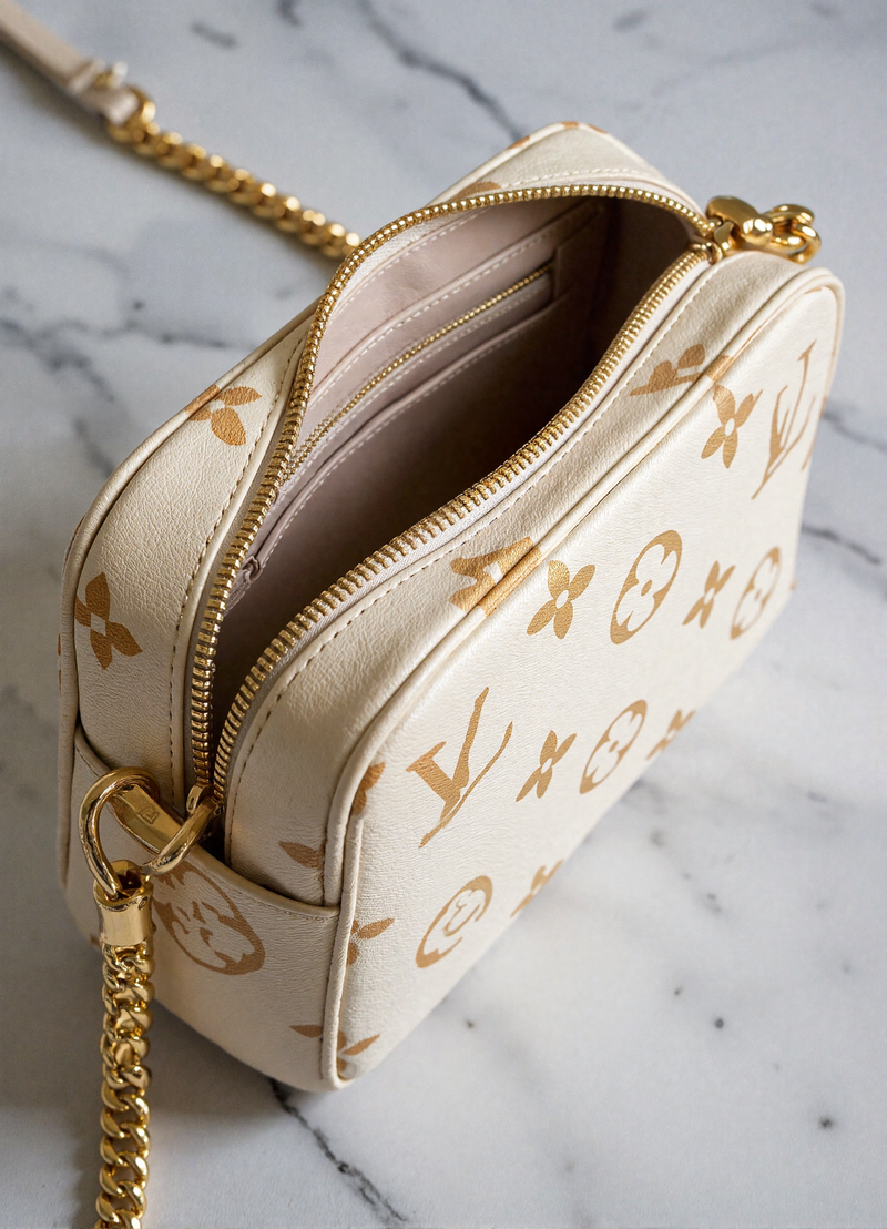 Luxury Monogram Crossbody Vanity Bag – Cream & Beige
